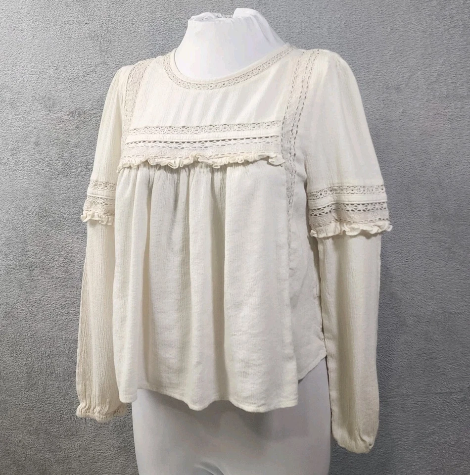 American Eagle 高领蕾丝娃娃上衣波西米亚农民衬衫女式 S 码 — 第 2/4 张图片