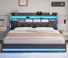 King Size Bed Frame with LED Lights  Charging Station, LED King Bed with Hidden