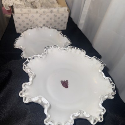 Vintage Fenton silver crest milk glass Footed Bowl (2) Original Box Inc. EC