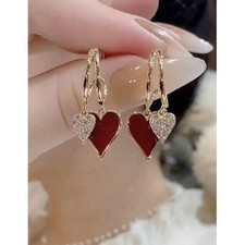 Red Heart Gold Drop Earrings Rhinestone Double Heart Dangle Hoops Valentine Gift