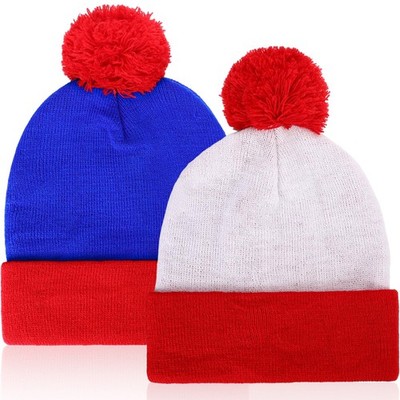 Shinymoon 2 Pcs Knit Pom Beanie Hat Halloween One Size, Red, Blue and White