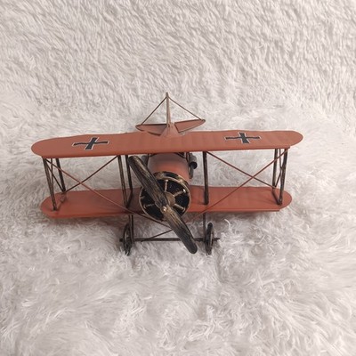 Vintage Red Baron Tin Metal WW1 German Bi-Plane Aircraft Rustic Decor Model 10''L