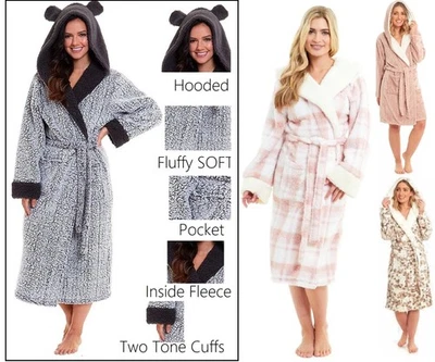 BRANDED EX Store Hooded Ladies Womens Soft Cosy Fluffy Bathrobe Dressing Gown Bath Robe