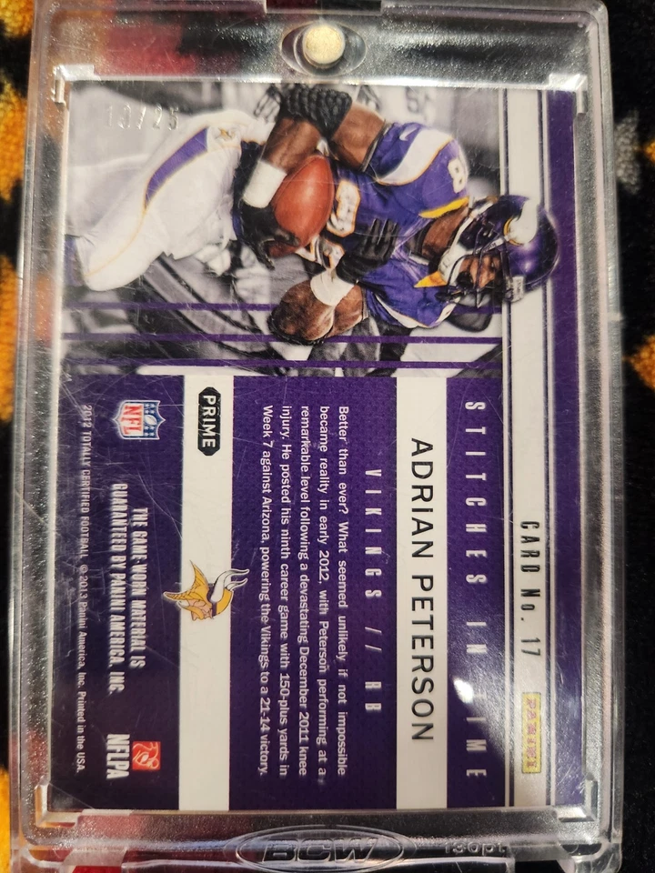 2012 Totally Certified Stitches in Time Materials Adrian Peterson #17 19/25 MEM - Image 2 of 4
