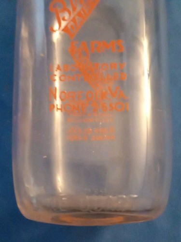 1950s Qt Milk Bottle Birtcherd Dairy Farms Norfolk VA Red Pyro Free Shipping - Picture 3 of 7
