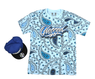 Hustle OG Clothing Mens Blue Blessed Short Sleeve Graphic T-Shirt Match Hat L