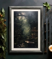 Dark Cottagecore Forest Library Painting, Printable Wall Art