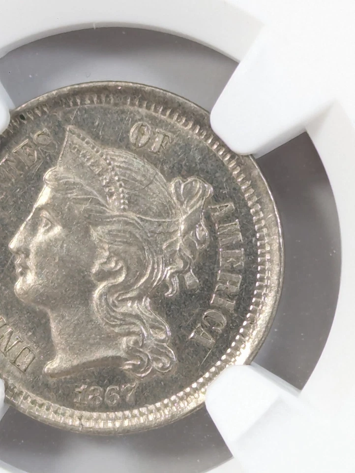 1867 3 Cent Nickel 3CN Clashed Dies NGC MS64 PQ+ - Image 3 of 4