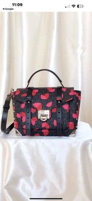 Michael Kors Manhattan Medium Satchel Black Leather Red Petal Log  
