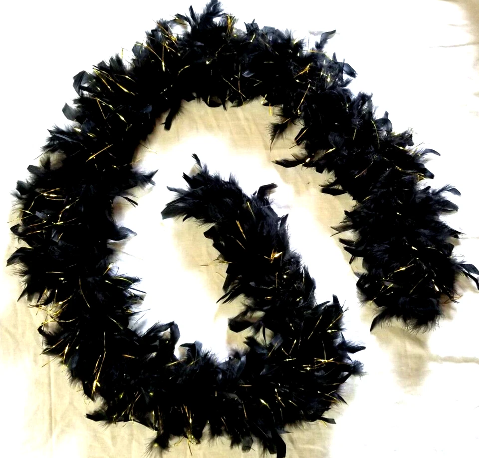 VTG Real Feather Boa Black w Gold Tinsel Accent 75" Long Flapper Opera Costume - Image 4 of 4