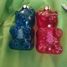 Gummi BEAR Glass Christmas   TREE ORNAMENT ORNAMENT NWT Lot of 2 One Pink...