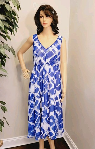 LANE BRYANT Women's Blue & White V-Neck Sleeveless Flowy Midi Dress Size 16 - Picture 2 of 14