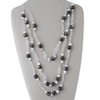 Handcrafted White Agate Gemstone Black Beads Organza Ribbon 3 Strand Necklace