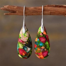 Natural Galaxy Sea Sediment Jasper Boho Teardrop Dangle Healing Earrings