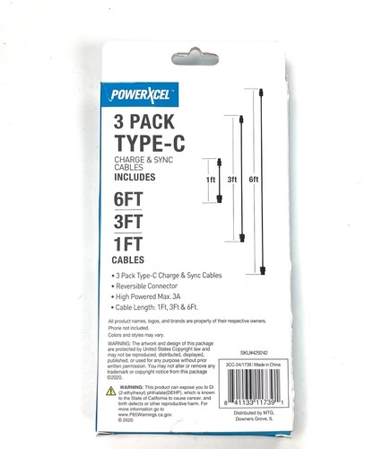 PowerXcel 3 Pack Type C Cables (6FT, 3 FT , 1FT) Fast Charging - Picture 2 of 2