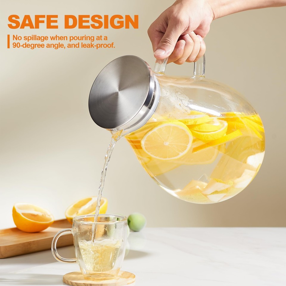 Glass Pitcher with Lid,1 Gallon Glass Water Pitcher Hot/Cold Water Jug