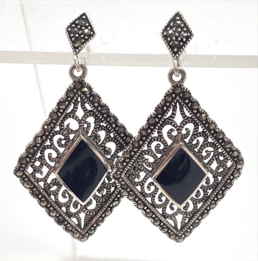Sterling Silver 925 Onyx Gemstone Drop Earrings with Filigree Detail