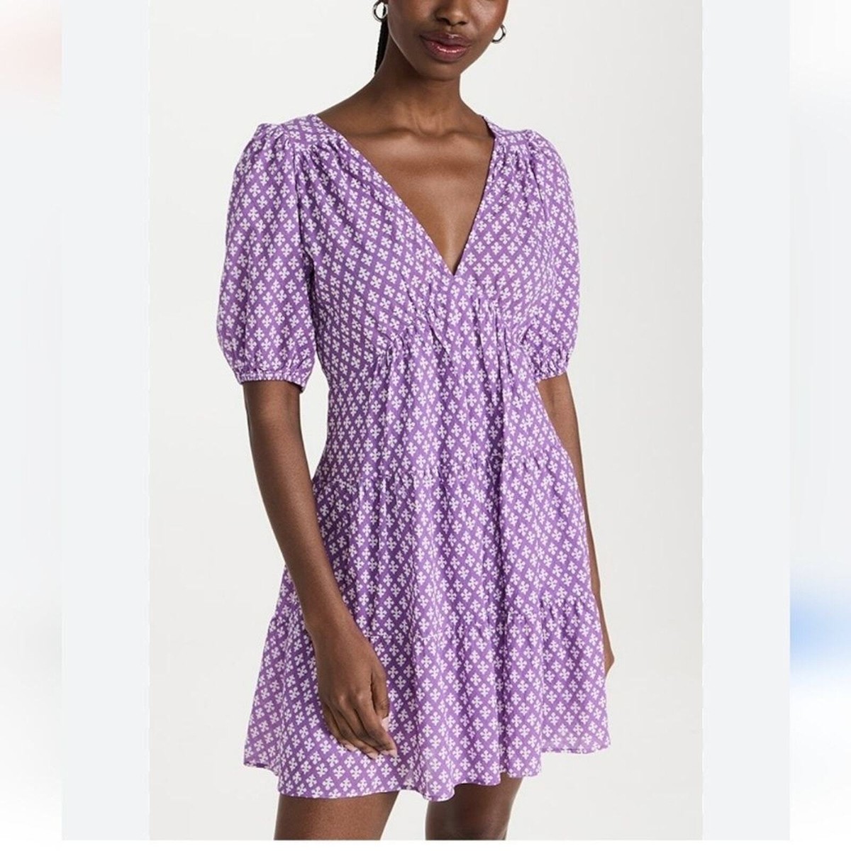 xirena purple dress Xirena Nissa Printed Dress w/ Pockets Size L in Purple Clover 100% Cotton  NWT