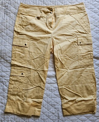 Women's Sharagano Capri Pants Sz. 14 Yellow Double Snap Hi-Rise Wide Leg Stretch