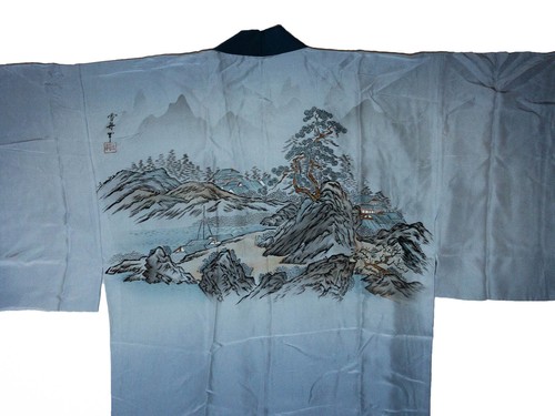 VTG Japanese Gradated Blue Silk Mens Nagajuban Sesshu Island Scene: Nov19-X - Picture 3 of 8