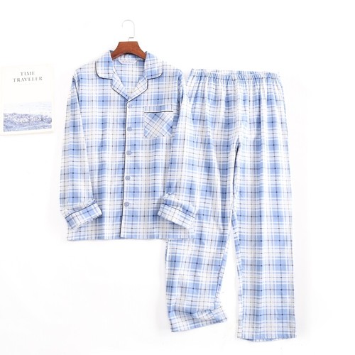 Men's Pajamas Set 100% Cotton Sleepwear Long Sleeve Button Top Pants Nightwear - Picture 66 of 70