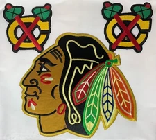 Chicago Blackhawk Vintage Primary 11" Logo & 2 Cross Tomahawks WHT Jerspatch Set