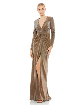 Ieena for Macduggal Bronze METALLIC TWIST FRONT PLUNGING LONG SLEEVE GOWN  Sz:12 | eBay
