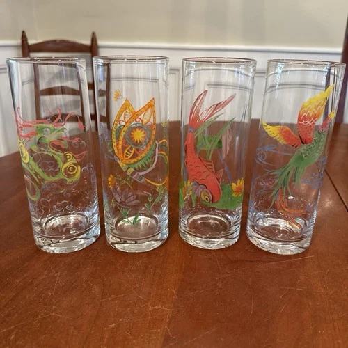 VTG 4 Federal Glass? Glasses Tom Collins 7.5” Colorful Bird Dragon Koi Butterfly