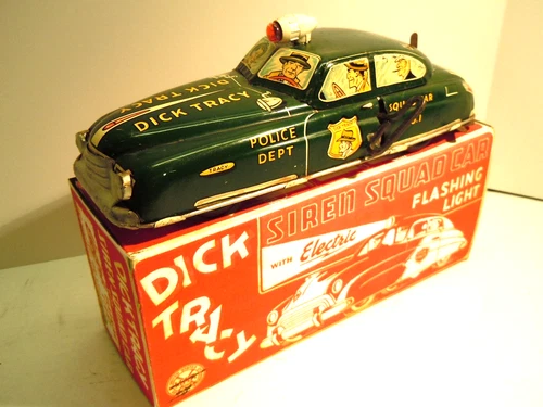 Marx 1950's Tin Wind Up Dick Tracy Siren Squad Car in BOX. Works & Complete. A+