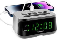 Sharp Digital Alarm Clock with Super Fast USB-C Charge Port  Green LED Display