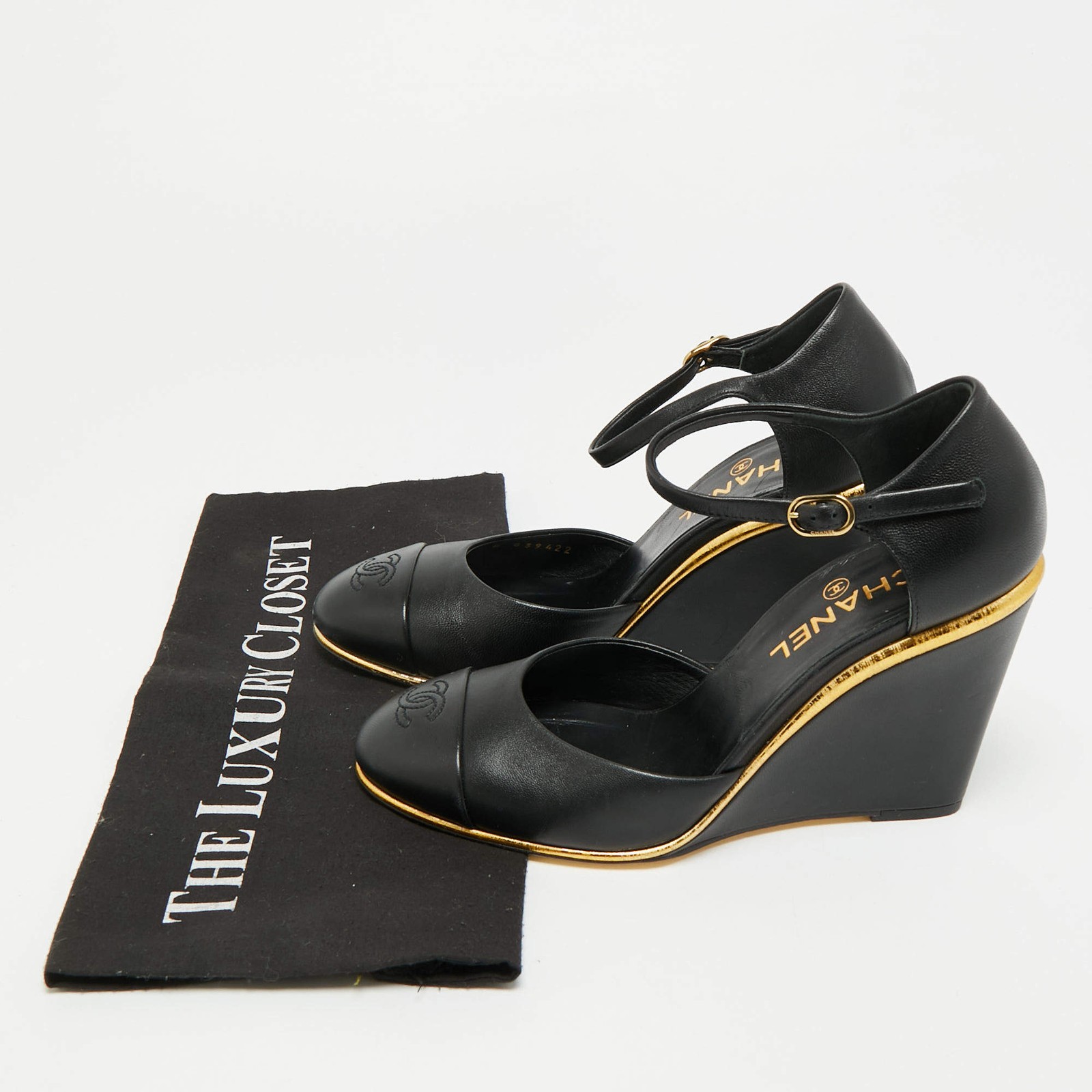 Chanel CC Size 38 Black Leather Wedge Pumps thumbnail 9