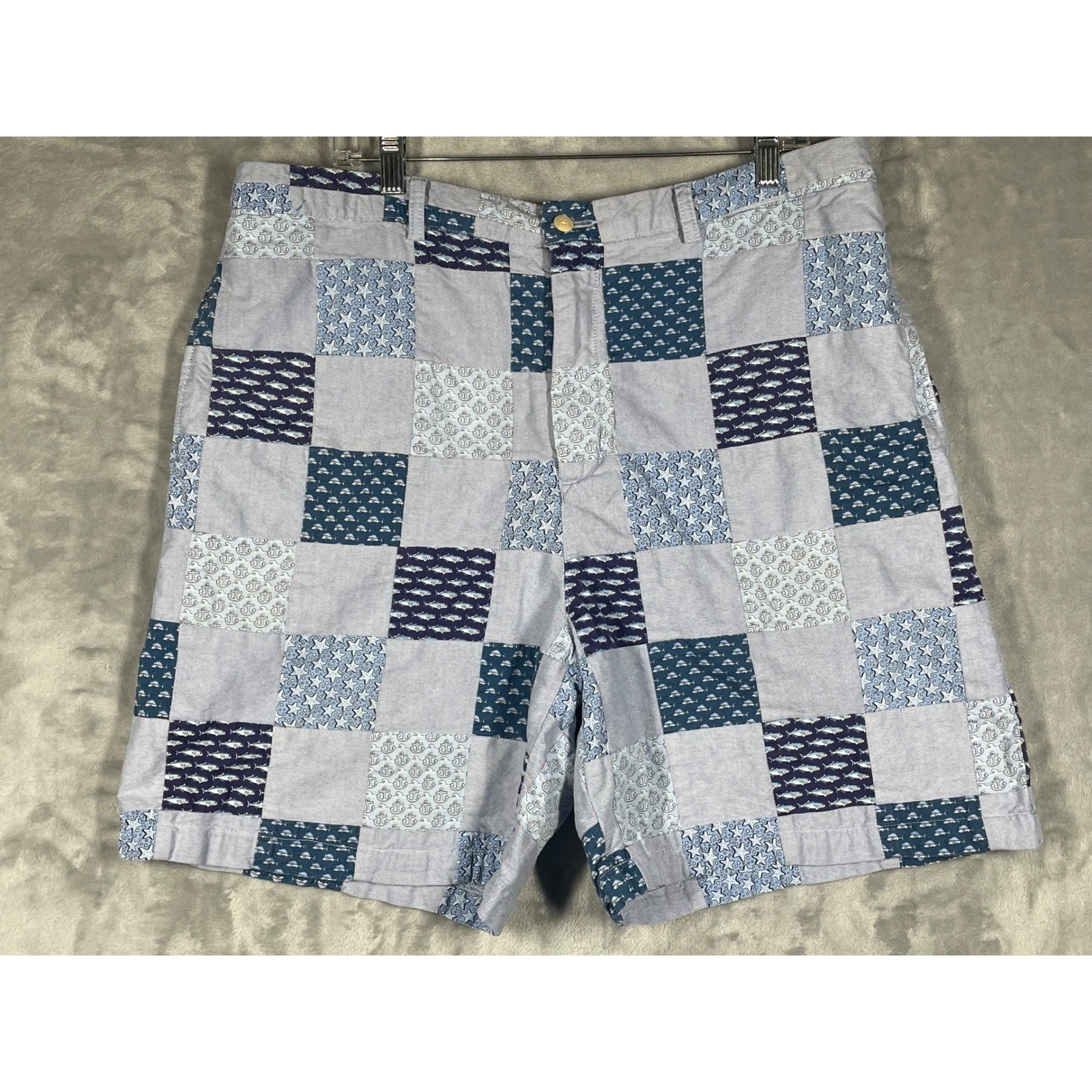 Vineyard Vines Mens 38 Nautical Patchwork Shorts Blue White Anchor Fish Starfish