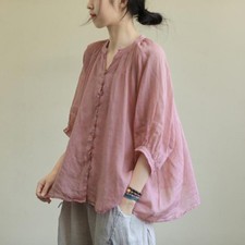 Casual Womens Loose Fashion V Neck Half Sleeves Cotton Linen Shirt Summer Tops