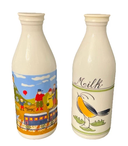 2 Vtg Egizia Italy White Milk Glass Bottle Hand Painted Bird & Family Train 10’’
