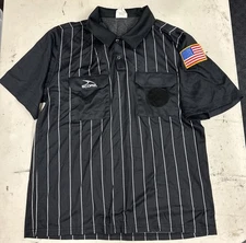 SCORE SOCCER REFEREE JERSEY USA flag on sleeve shirt black w white stripes sz L