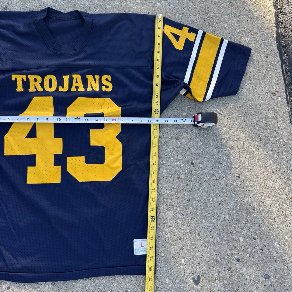 Vintage 80s Champion Trojans Mesh Nylon Navy Blue Yellow Football Jersey Size L - Image 4 of 4