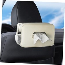 Multi-Functional Car Tissue Holder with 2 Storage Nets, Upgraded PU Beige