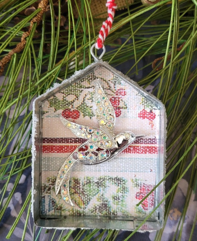 Handmade OOAK Christmas Ornament w/ Metal House and Sarah Coventry Bird Brooch