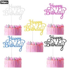 50 Pack Happy Birthday Cake Toppers, Glitter Small, Silver