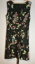 New Look Inspire Butterfly Print Dress UK 22 Black Sleeveless V Neck Tie Waist