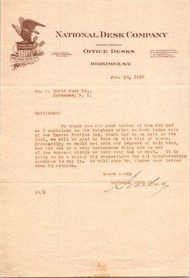1919 National Desk Co. Herkimer NY Business Letter Excess Profits Tax Ephemera