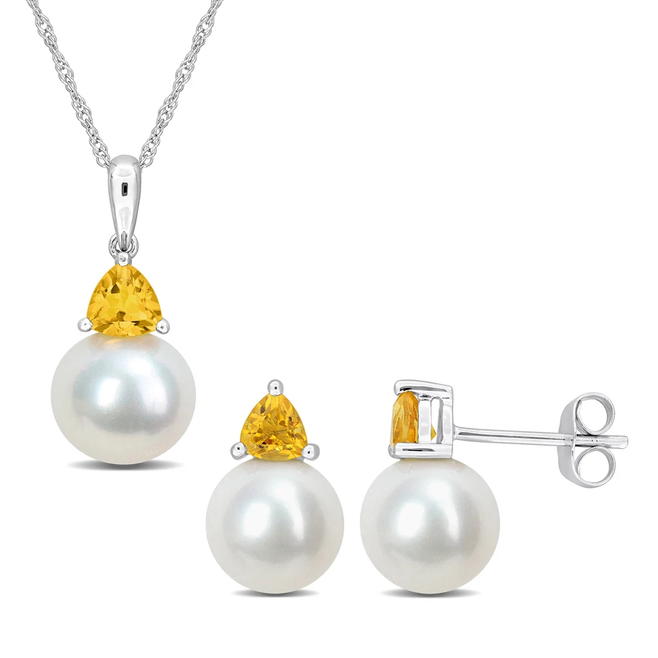 Amour 10K White Gold FW Pearl & Citrine Earrings, Pendant & Chain Set