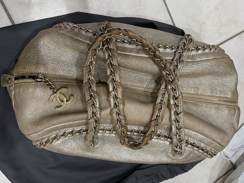 CHANEL HUGE CC LOGO SOFT GOLD LEATHER&CHAIN EDGE CARRYONS JUMBO TOTE BOWLING BAG - Picture 5 of 12