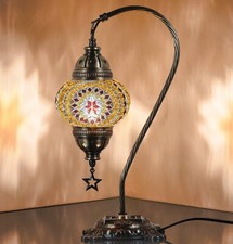 DEMMEX Turkish Mosaic Table Lamp Boho Bedside Light 15" - Antique Brass, Amber