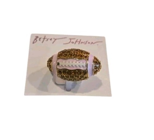 New BETSEY JOHNSON Orange Crystal Pink Enamel Football Cocktail Bling Ring - Picture 2 of 2