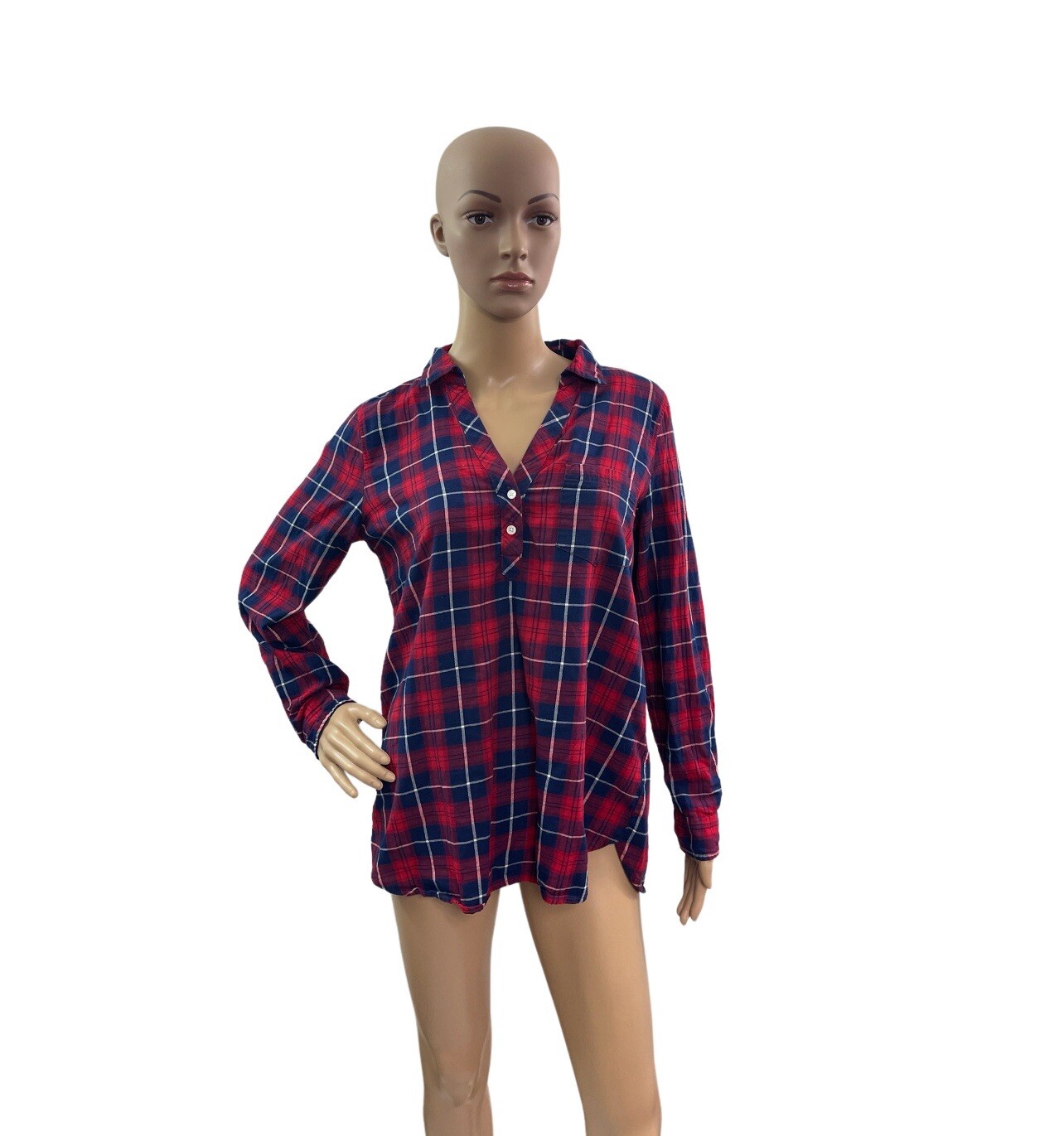 J Crew Women’s Size Small Long Sleeve V Neck Red  Blue Plaid Pop Over Shirt