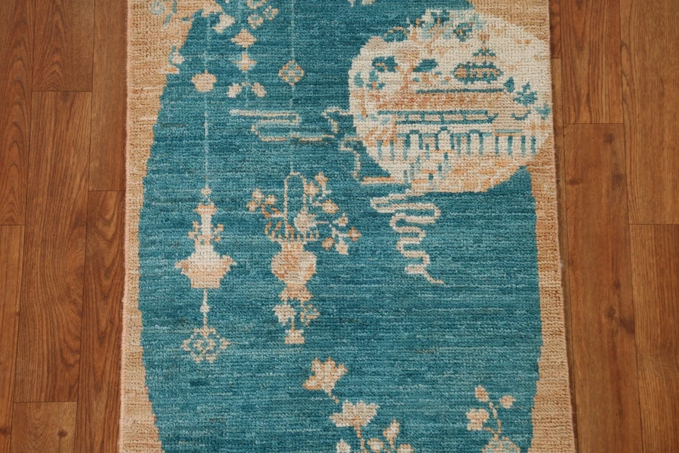 Vegetable Dye Pictorial Teal Blue Oushak Turkish Rug 2x4 ft. Hand-knotted - Image 3 of 4