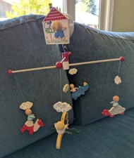 Vtg Irmi Baby Nursery Wooden Mobile Babies Riding Zoo Animals, Working Music Box