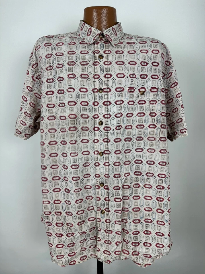 Vintage Orvis Shirt Men XL Geometric Hawaiian Hippie Button Down Beige Cotton - Image 2 of 4