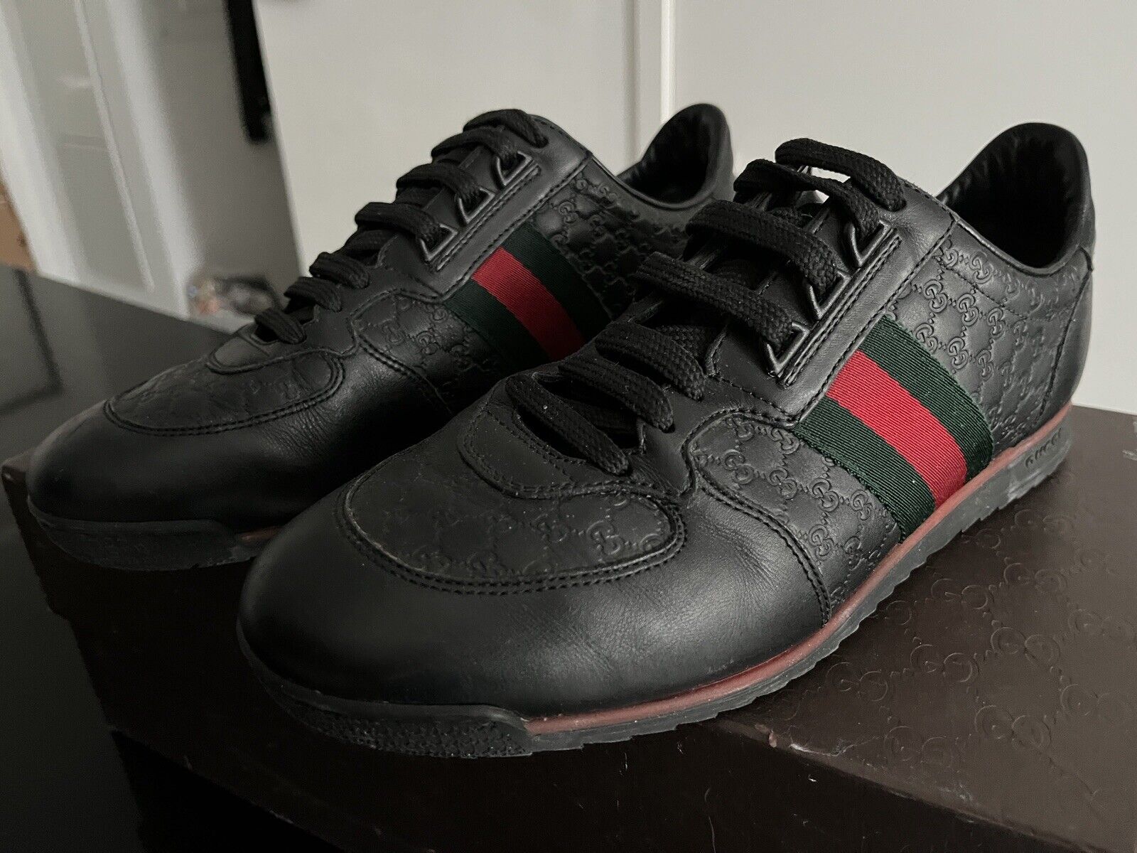 Gucci Micro Guccissima Black Leather Web Sneakers | UK Size 7.5 Men ...